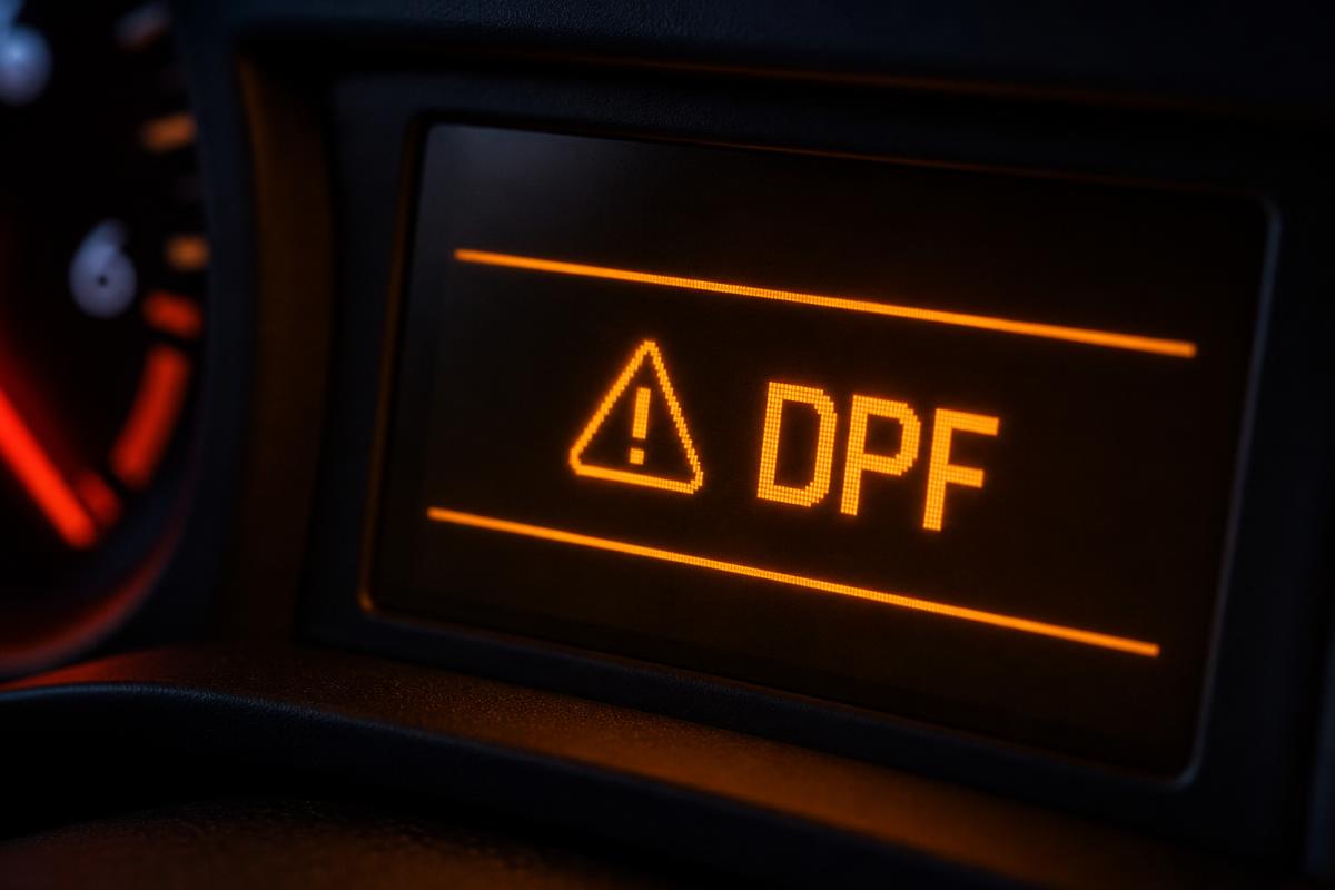DPF warning light illuminated on car dashboard