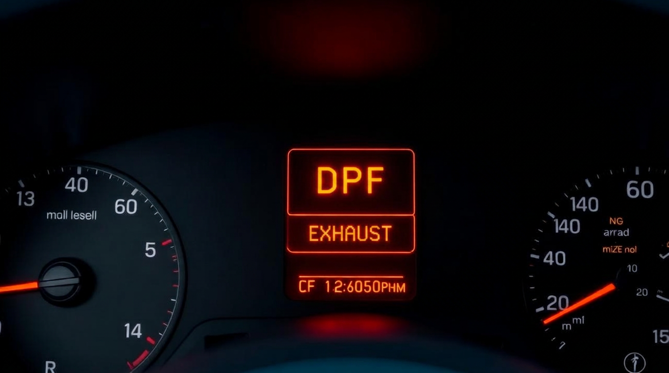 Amber DPF warning symbol glowing on a diesel car dashboard indicating the particulate filter is loaded with soot and needs regeneration — explained at dpf-problems-solutions.com — Photo Created by www.dpf-problems-solutions.com