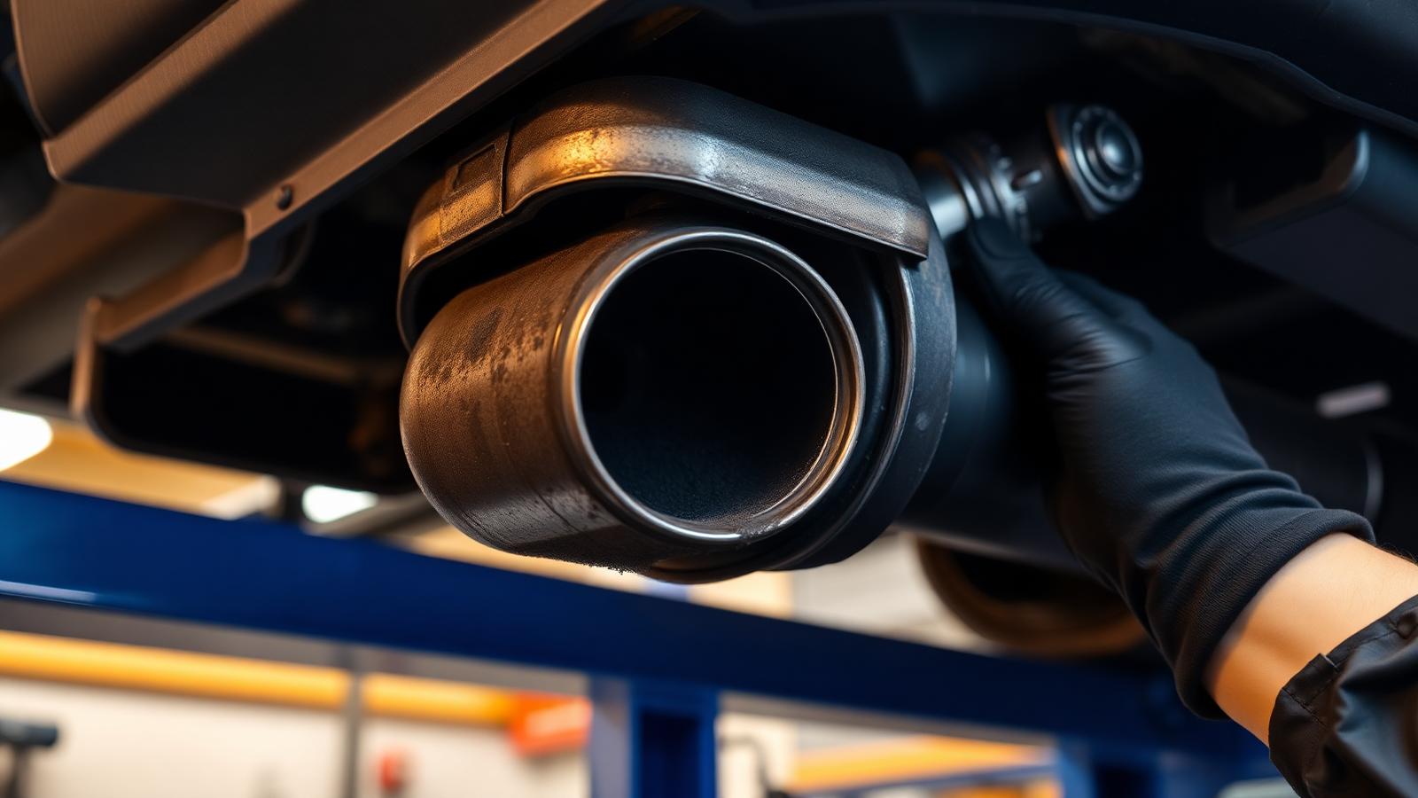 Mechanic inspecting a soot-blocked Diesel Particulate Filter on a modern diesel vehicle